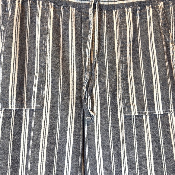 Linen Blend Wide Leg Pants M Blue White Stripes Drawstring Waist Pockets Coastal - Picture 4 of 9